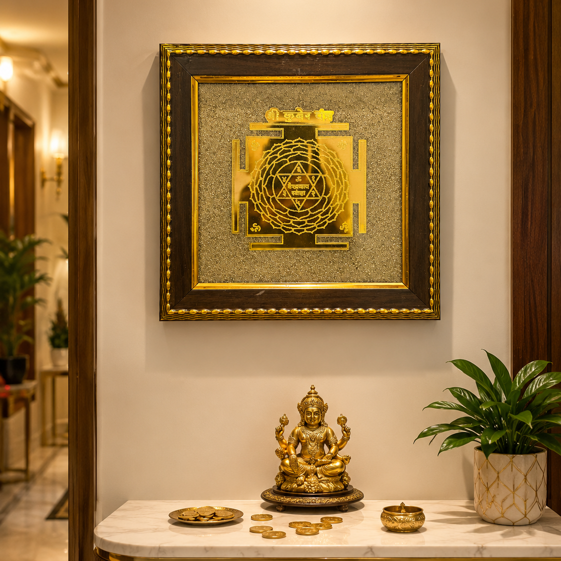 Decorative wall art with a geometric design in a frame, placed above a small altar with a statue and offerings.