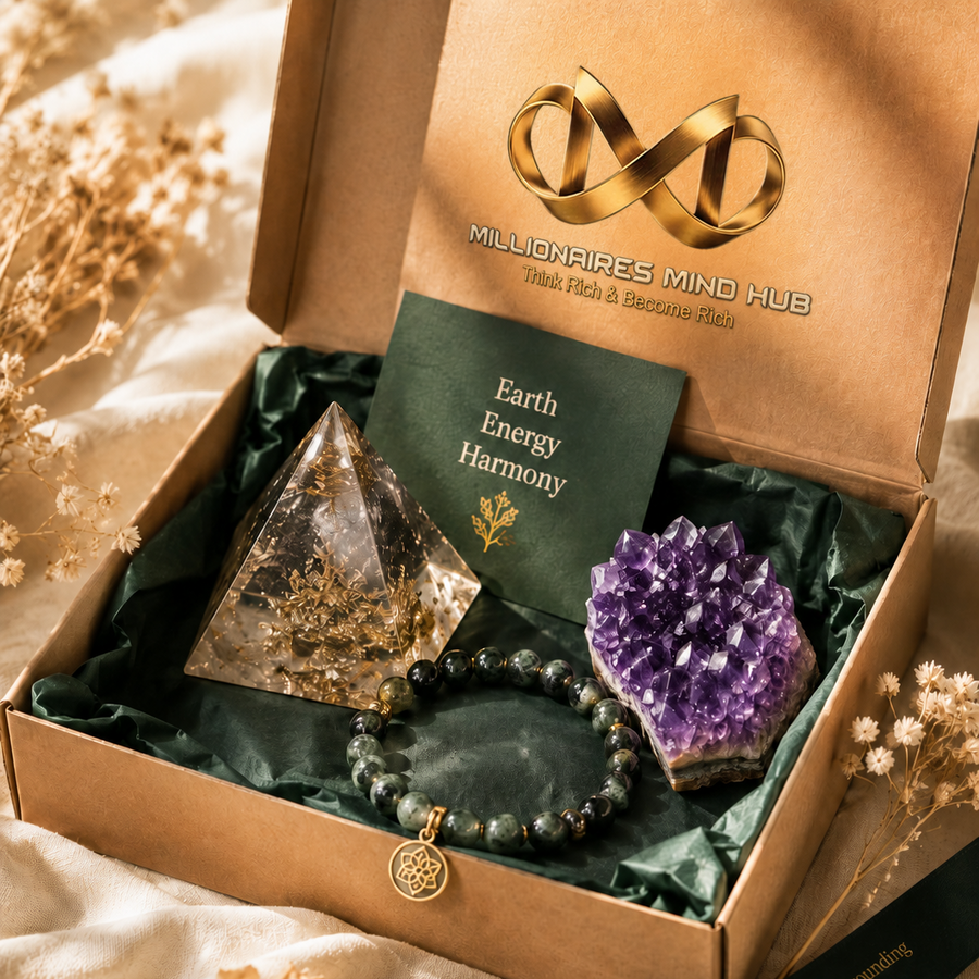 Box containing crystals and a bracelet with 'Millionaires Mind Hub' branding.