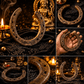 Collage of a rusty horseshoe with various backgrounds including candles and statues.