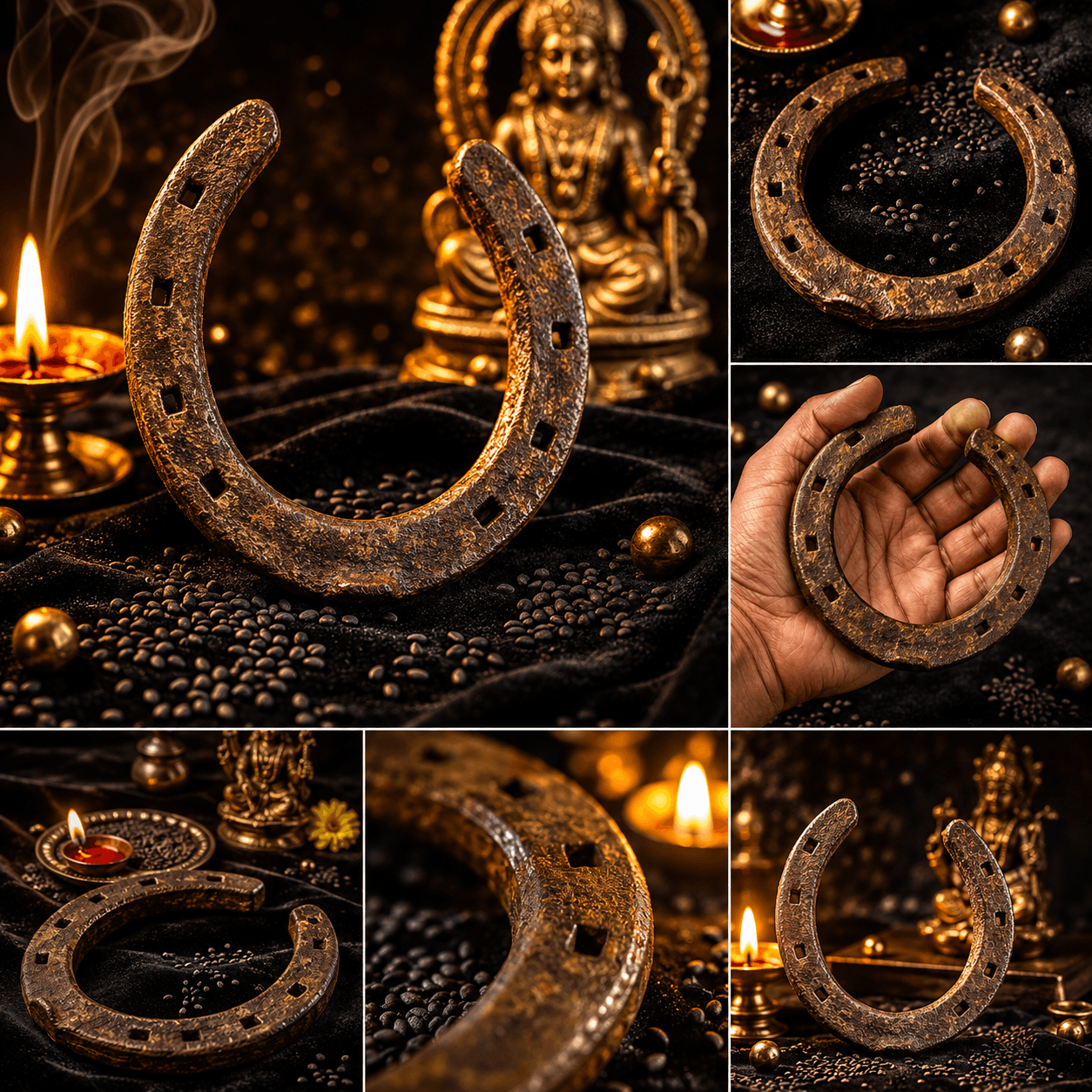 Collage of a rusty horseshoe with various backgrounds including candles and statues.