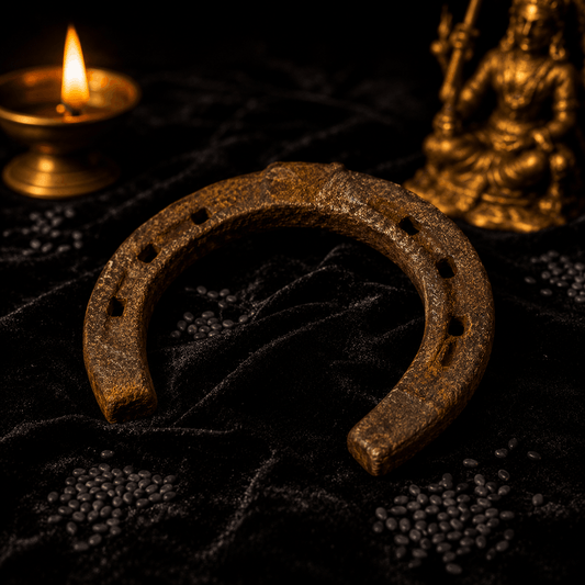 Rusty horseshoe on a dark surface with a candle and small statue in the background