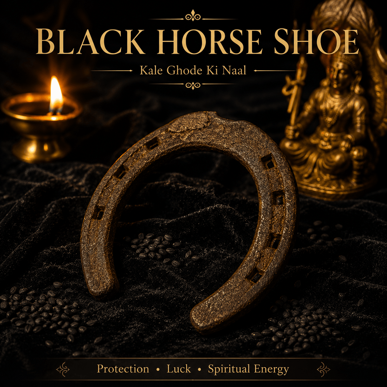 Black horse shoe with a lit candle and statue on a dark background, featuring text about protection, luck, and spiritual energy.
