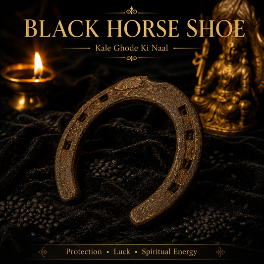 Black horse shoe with a lit candle and statue on a dark background, featuring text about protection, luck, and spiritual energy.