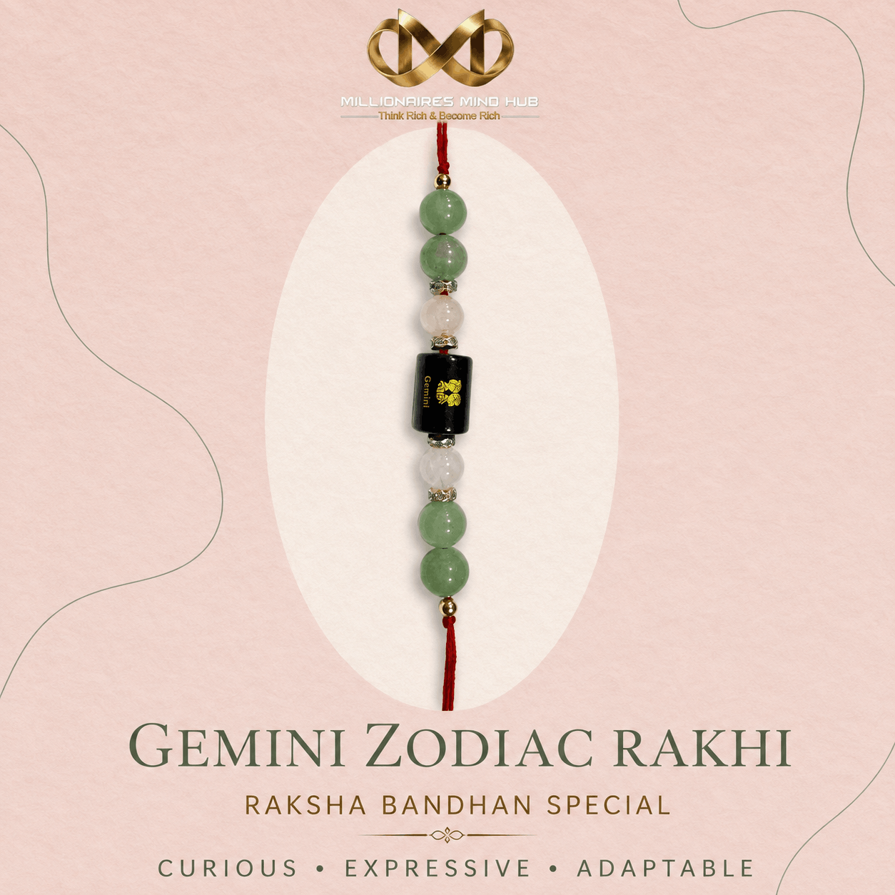 Gemini Zodiac Rakhi with Green Aventurine and Rose Quartz Beads