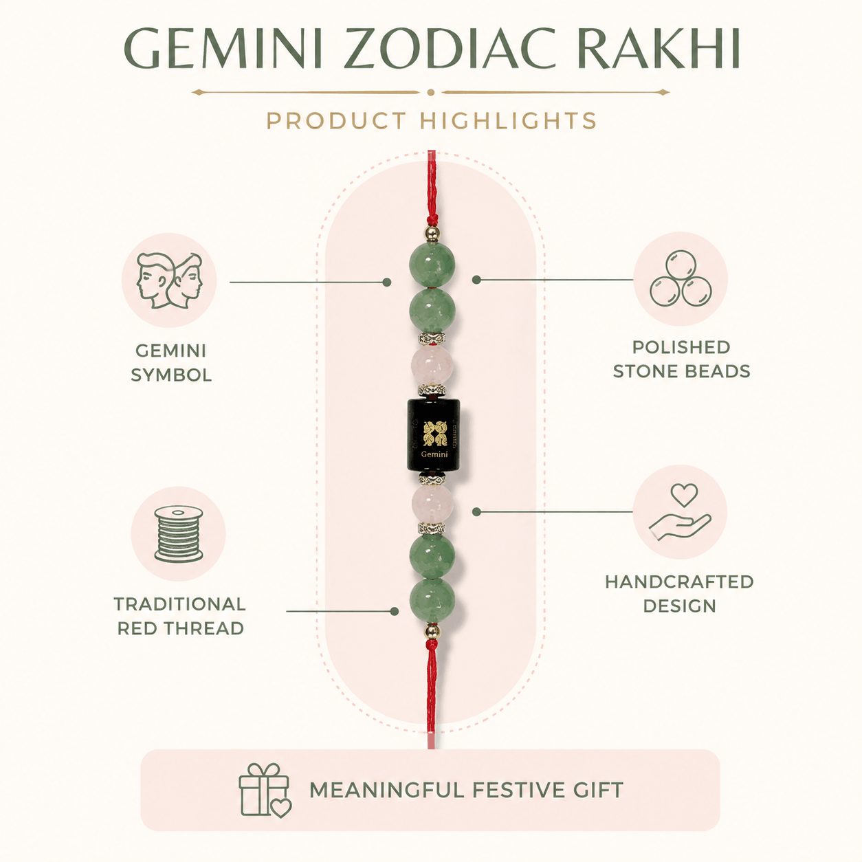 Gemini Zodiac Rakhi with Green Aventurine and Rose Quartz Beads