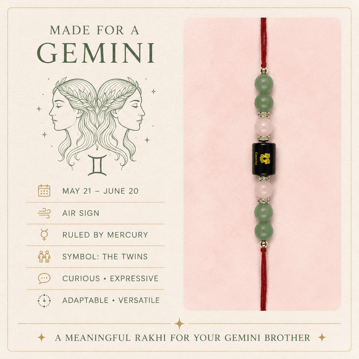 Gemini Zodiac Rakhi with Green Aventurine and Rose Quartz Beads