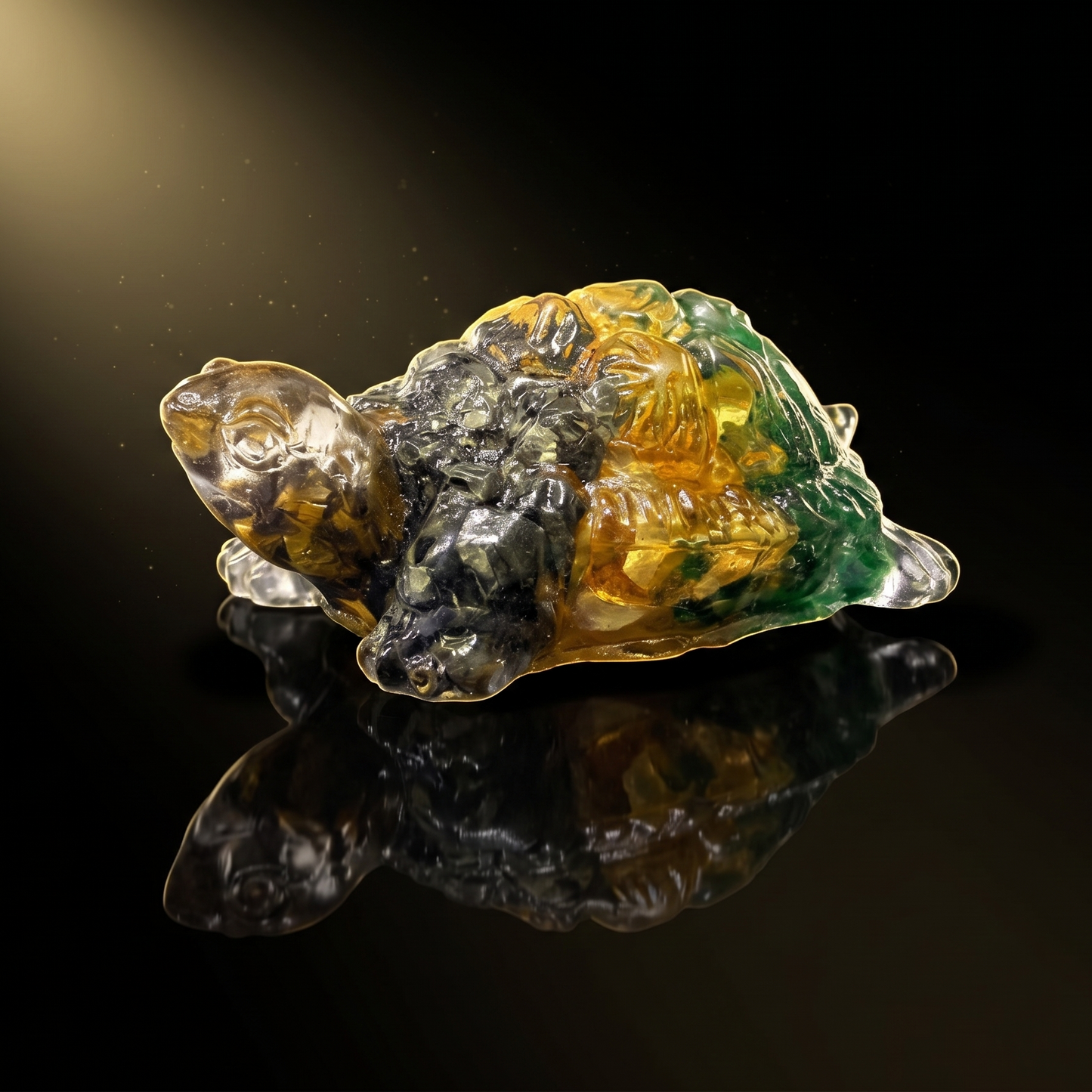 Crystal turtle figurine on a reflective surface with a dark background
