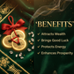 Decorative image with gold coins, red ribbon, and text on a dark green background