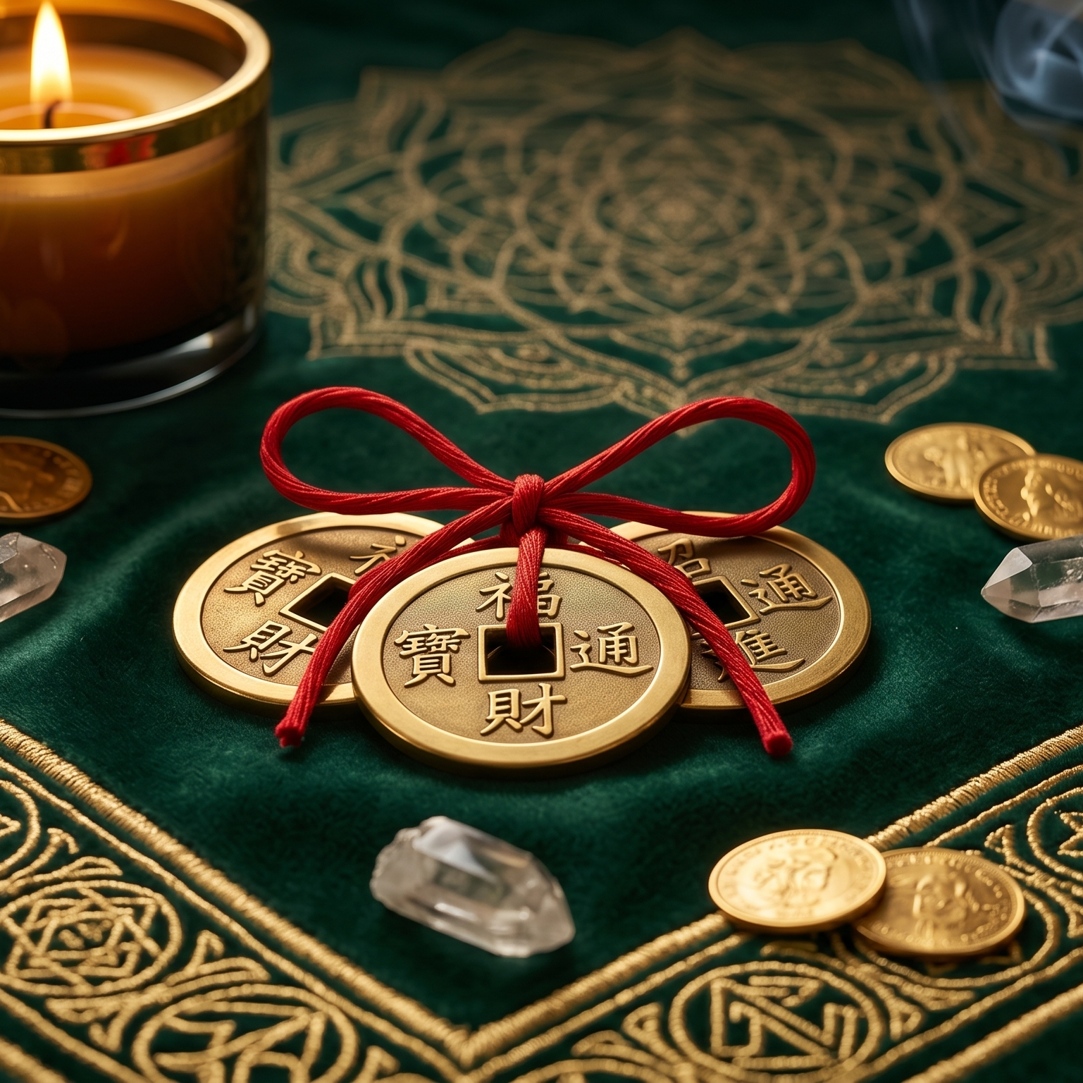 Ceremonial setup with coins, incense, and a candle on a green cloth with gold patterns.