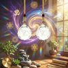 Decorative setup with crystal pendant lights, water fountain, and books on a wooden surface.
