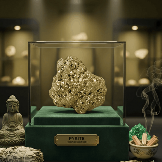 Pyrite crystal in a glass display case with a Buddha statue and smudging tools on a dark background
