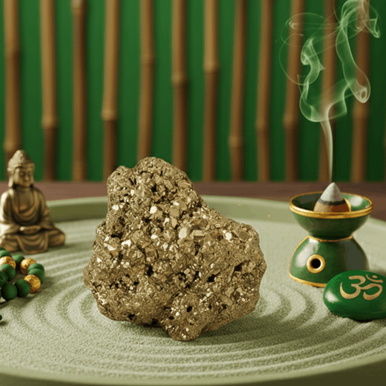Decorative setting with a rock, incense burner, and Buddha statue on a green tray.
