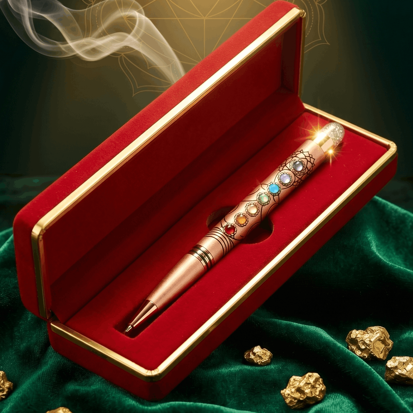 Luxury pen with gemstones in a red box on a green fabric background with gold accents.