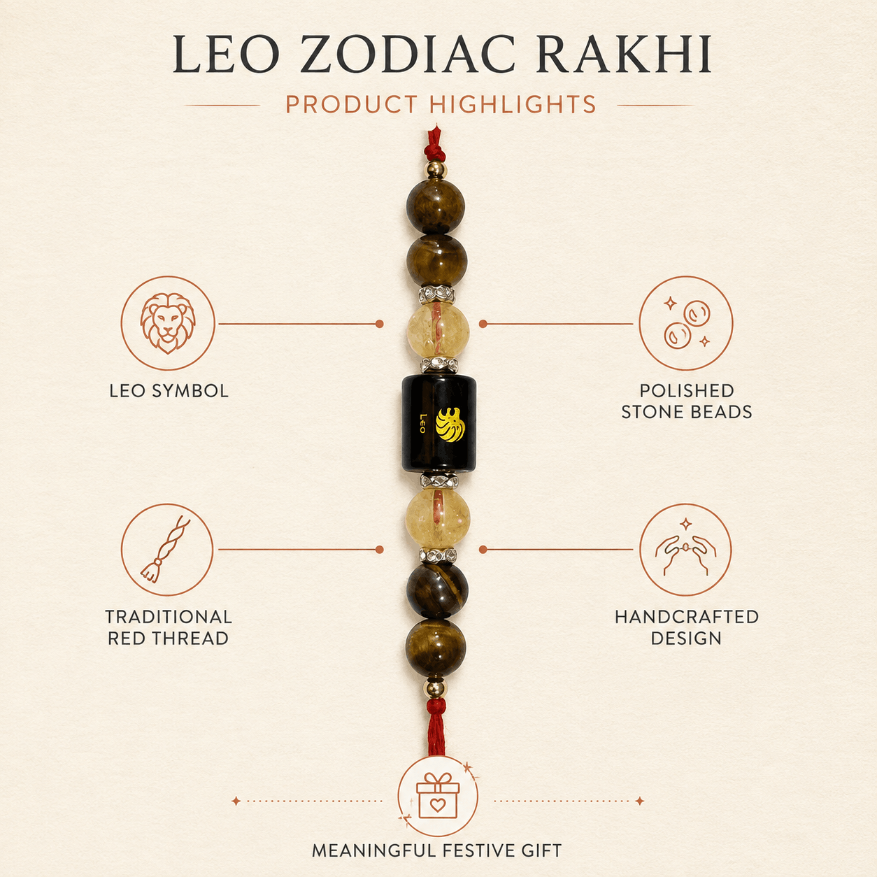Leo Zodiac Rakhi with Tiger’s Eye and Citrine Stone Beads