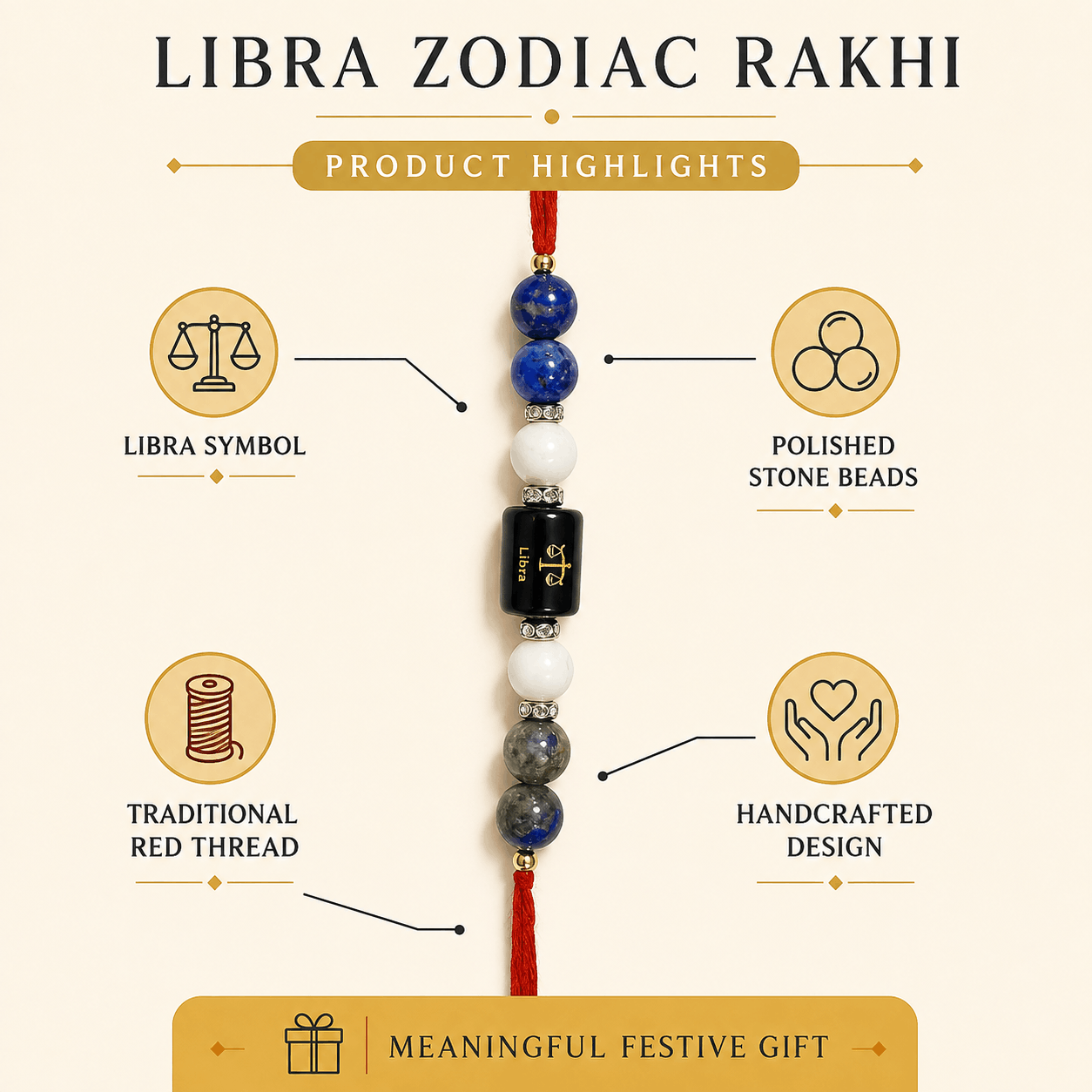 Libra Zodiac Rakhi with Lapis Lazuli, Sodalite and White Howlite Beads
