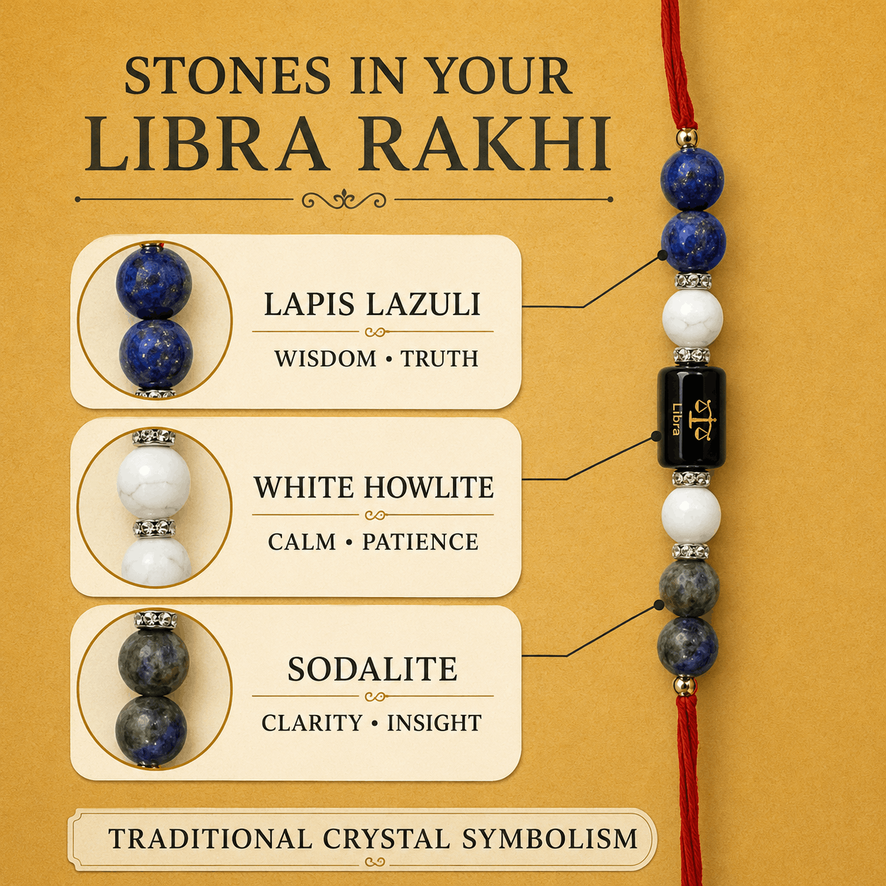 Libra Zodiac Rakhi with Lapis Lazuli, Sodalite and White Howlite Beads