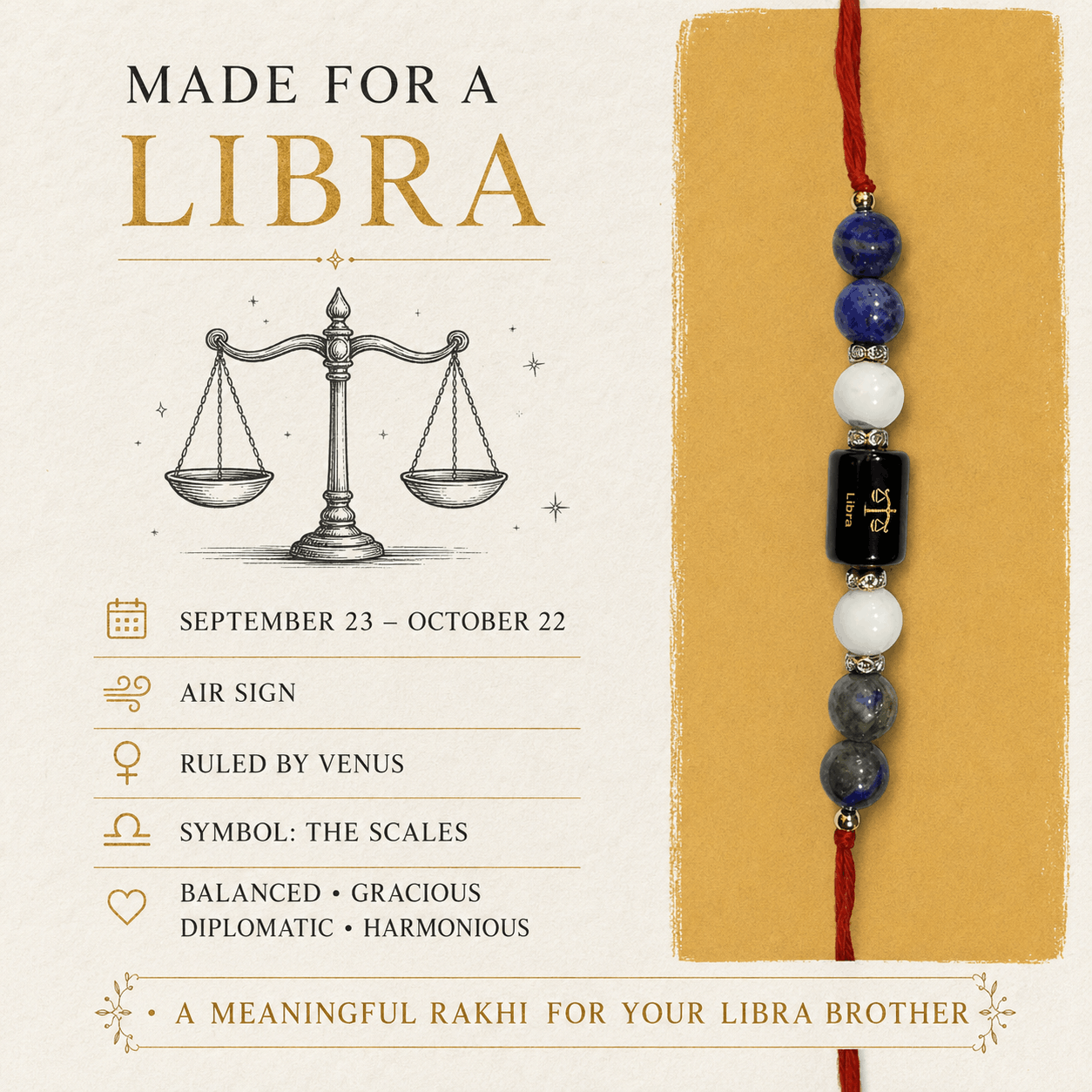 Libra Zodiac Rakhi with Lapis Lazuli, Sodalite and White Howlite Beads