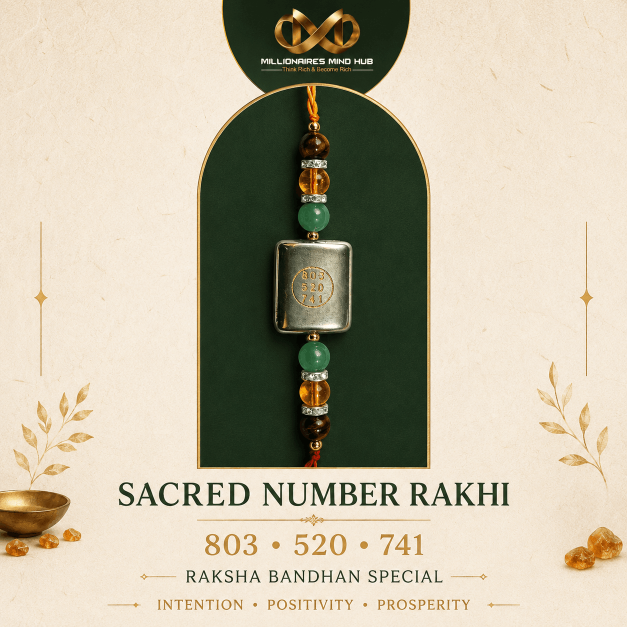Money 803 • 520 • 741 Sacred Number Rakhi with Natural-Look Stone Beads