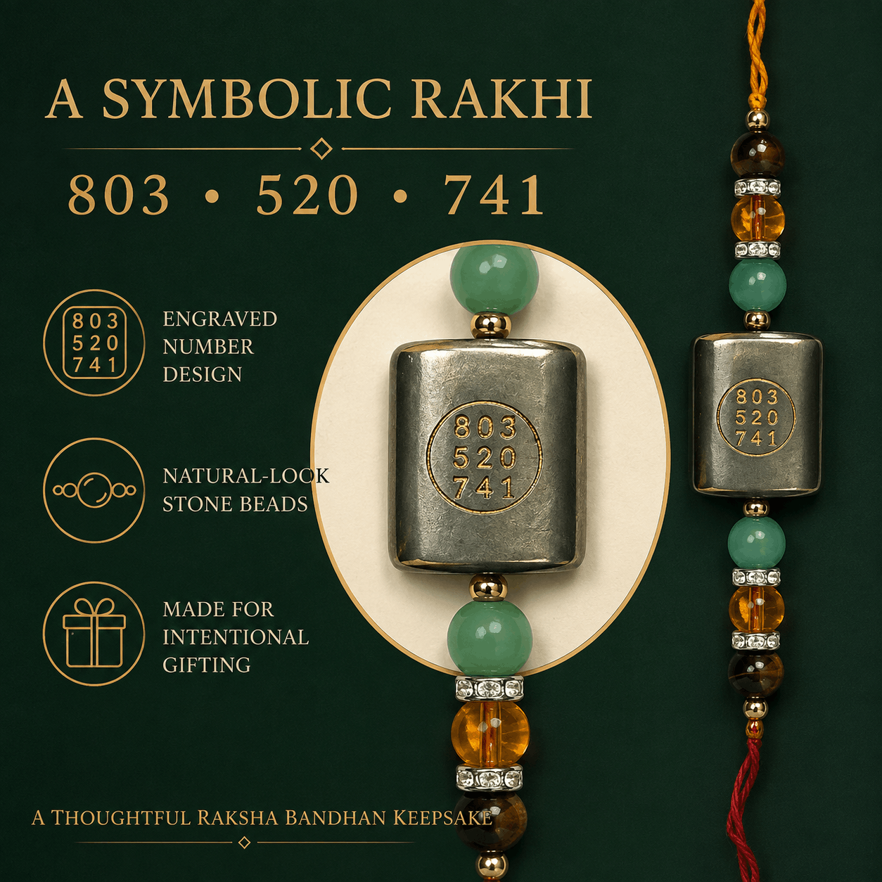 Money 803 • 520 • 741 Sacred Number Rakhi with Natural-Look Stone Beads