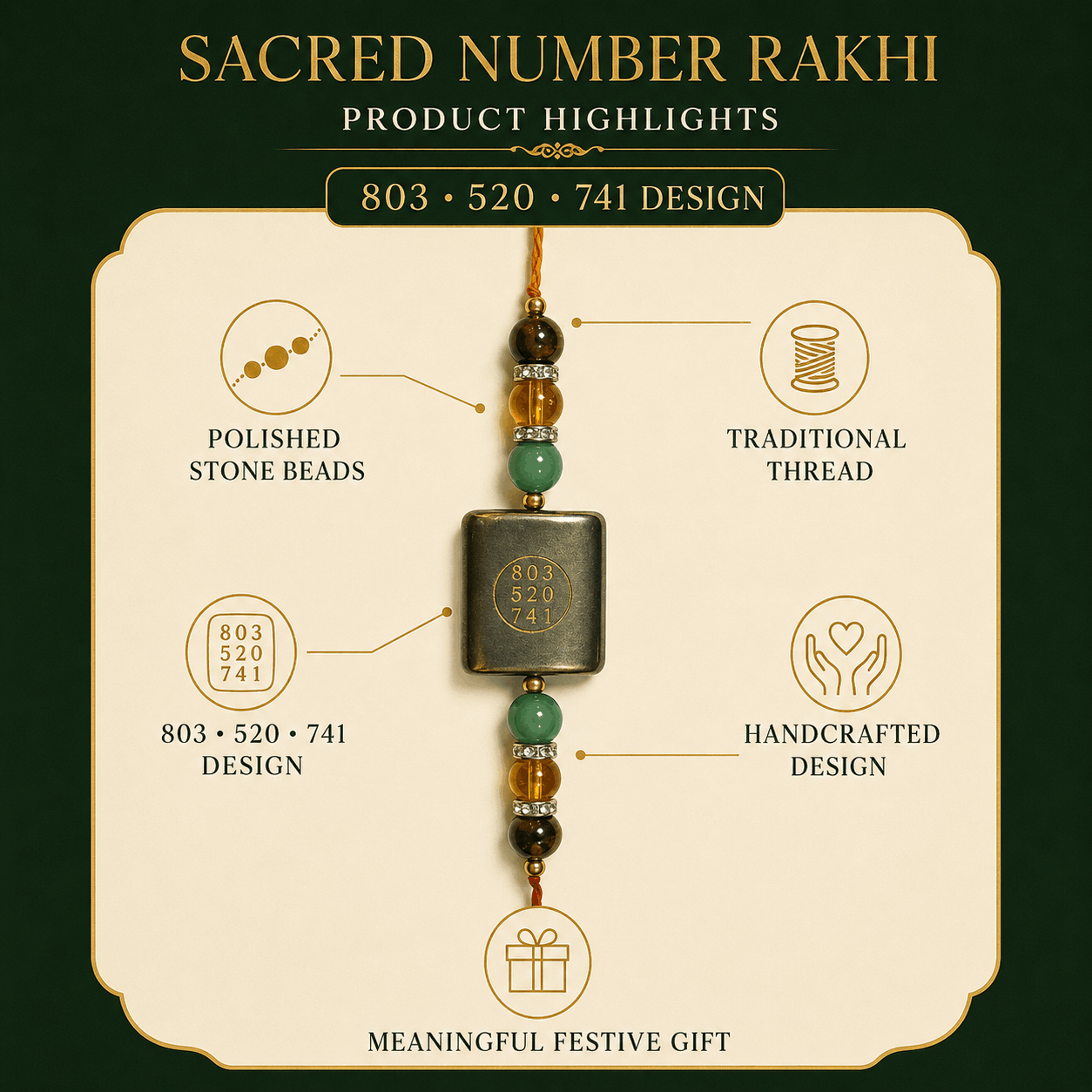 Money 803 • 520 • 741 Sacred Number Rakhi with Natural-Look Stone Beads