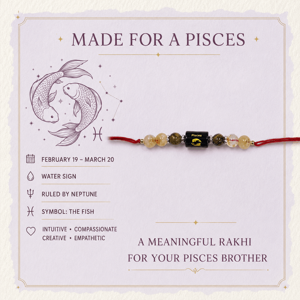 Pisces Zodiac Rakhi with Citrine and Tiger’s Eye Stone Beads