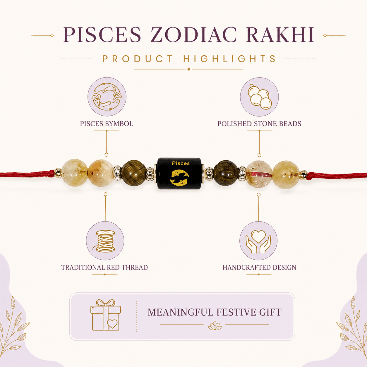 Pisces Zodiac Rakhi with Citrine and Tiger’s Eye Stone Beads