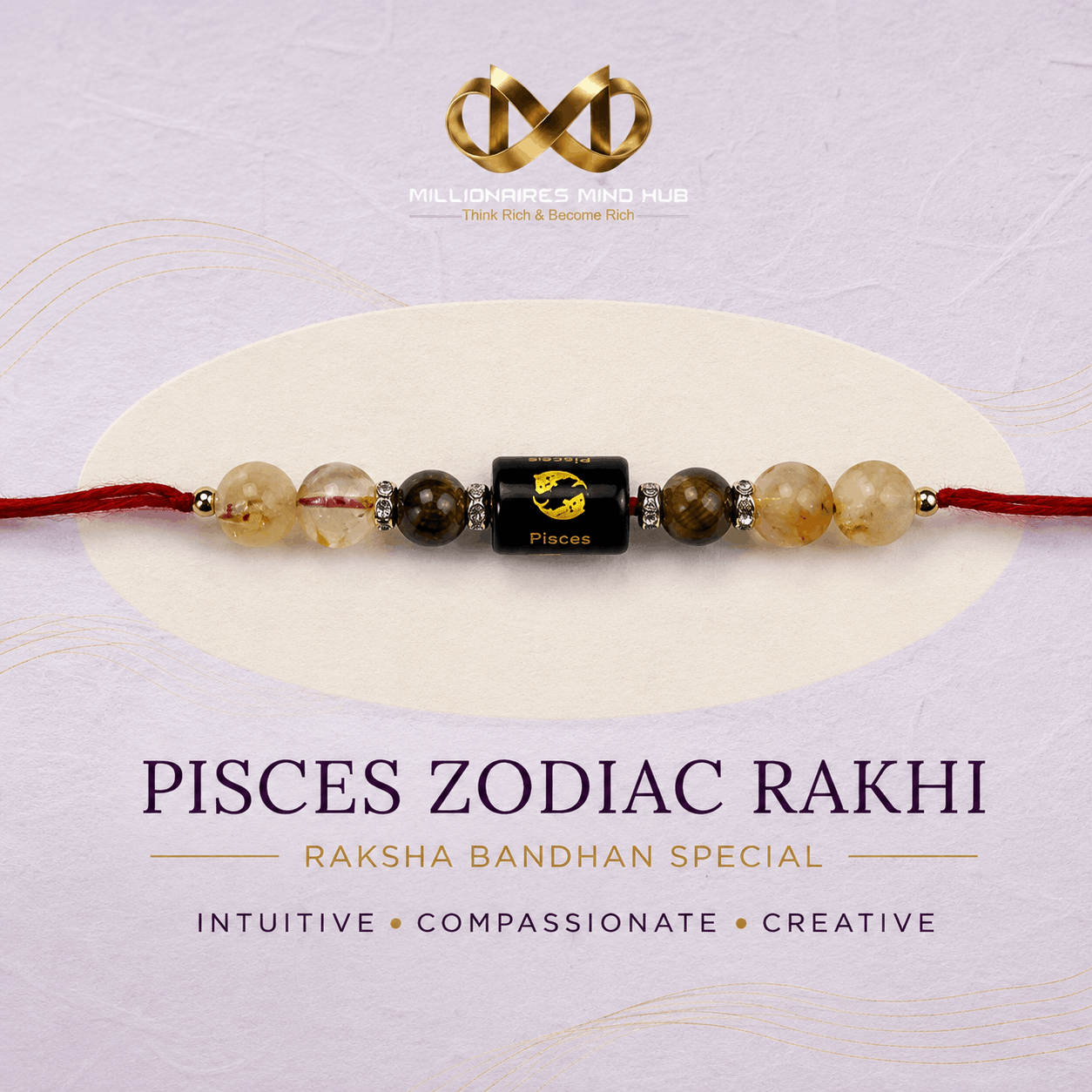 Pisces Zodiac Rakhi with Citrine and Tiger’s Eye Stone Beads