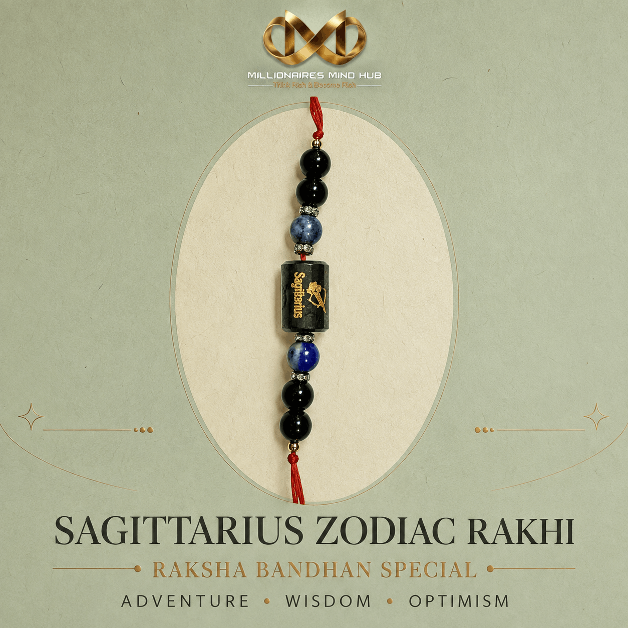 Sagittarius Zodiac Rakhi with Black Onyx, Sodalite and Lapis Lazuli Beads