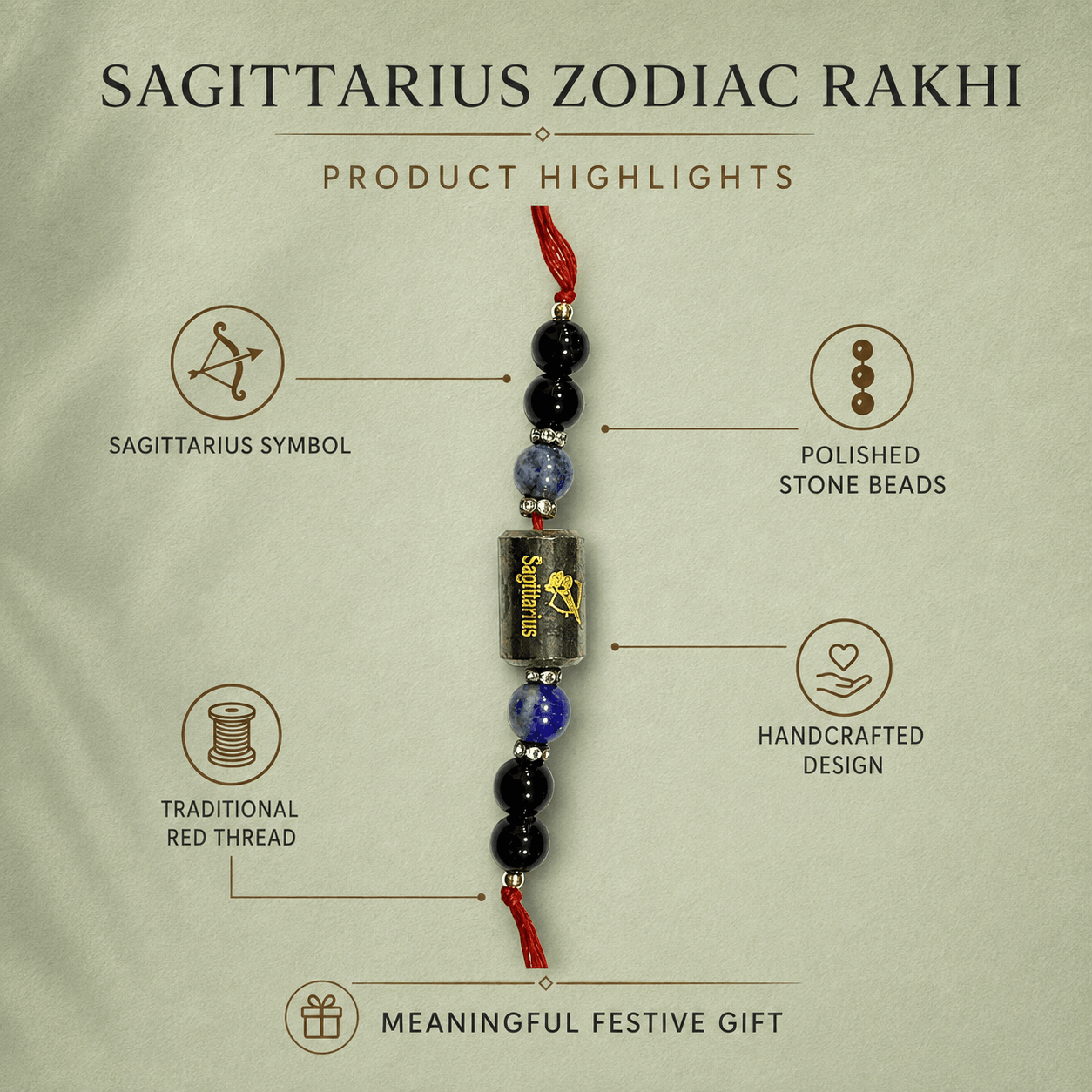 Sagittarius Zodiac Rakhi with Black Onyx, Sodalite and Lapis Lazuli Beads