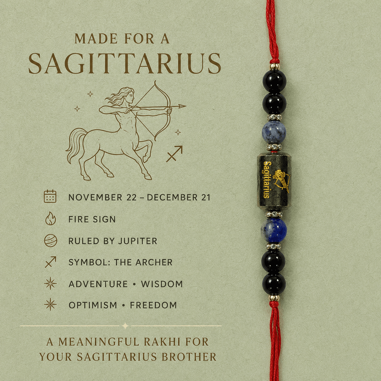 Sagittarius Zodiac Rakhi with Black Onyx, Sodalite and Lapis Lazuli Beads