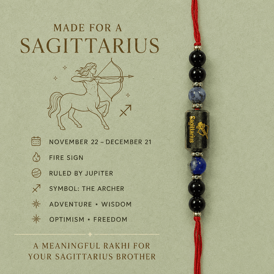 Sagittarius Zodiac Rakhi with Black Onyx, Sodalite and Lapis Lazuli Beads