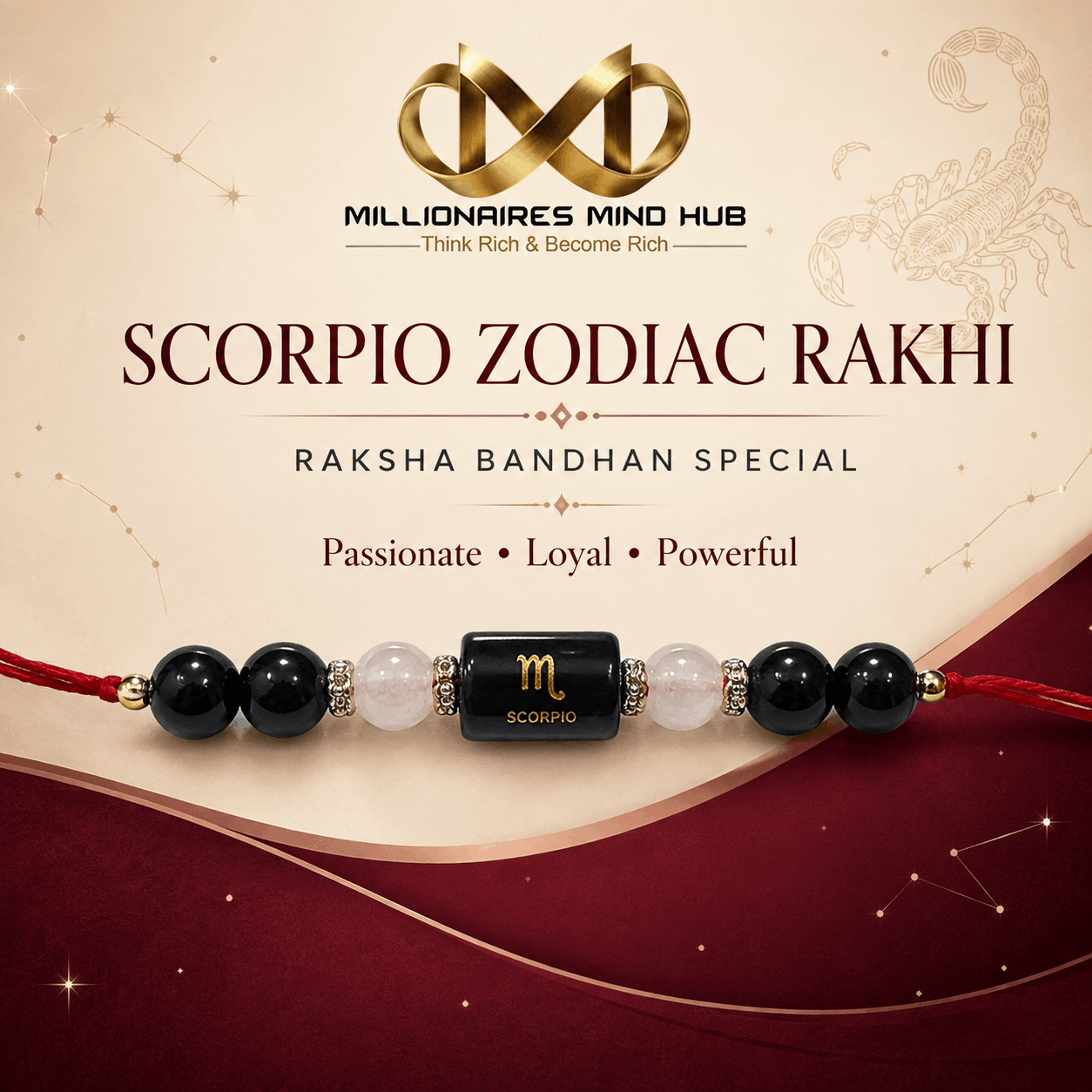 Scorpio Zodiac Rakhi with Black Onyx and Rose Quartz