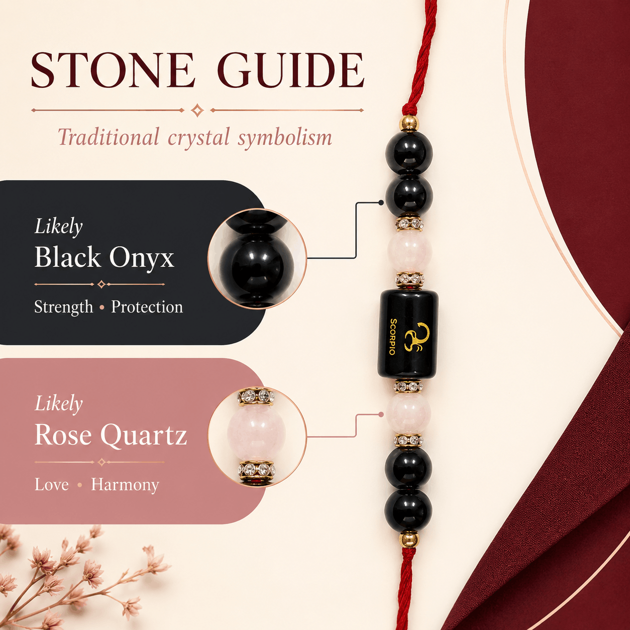 Scorpio Zodiac Rakhi with Black Onyx and Rose Quartz