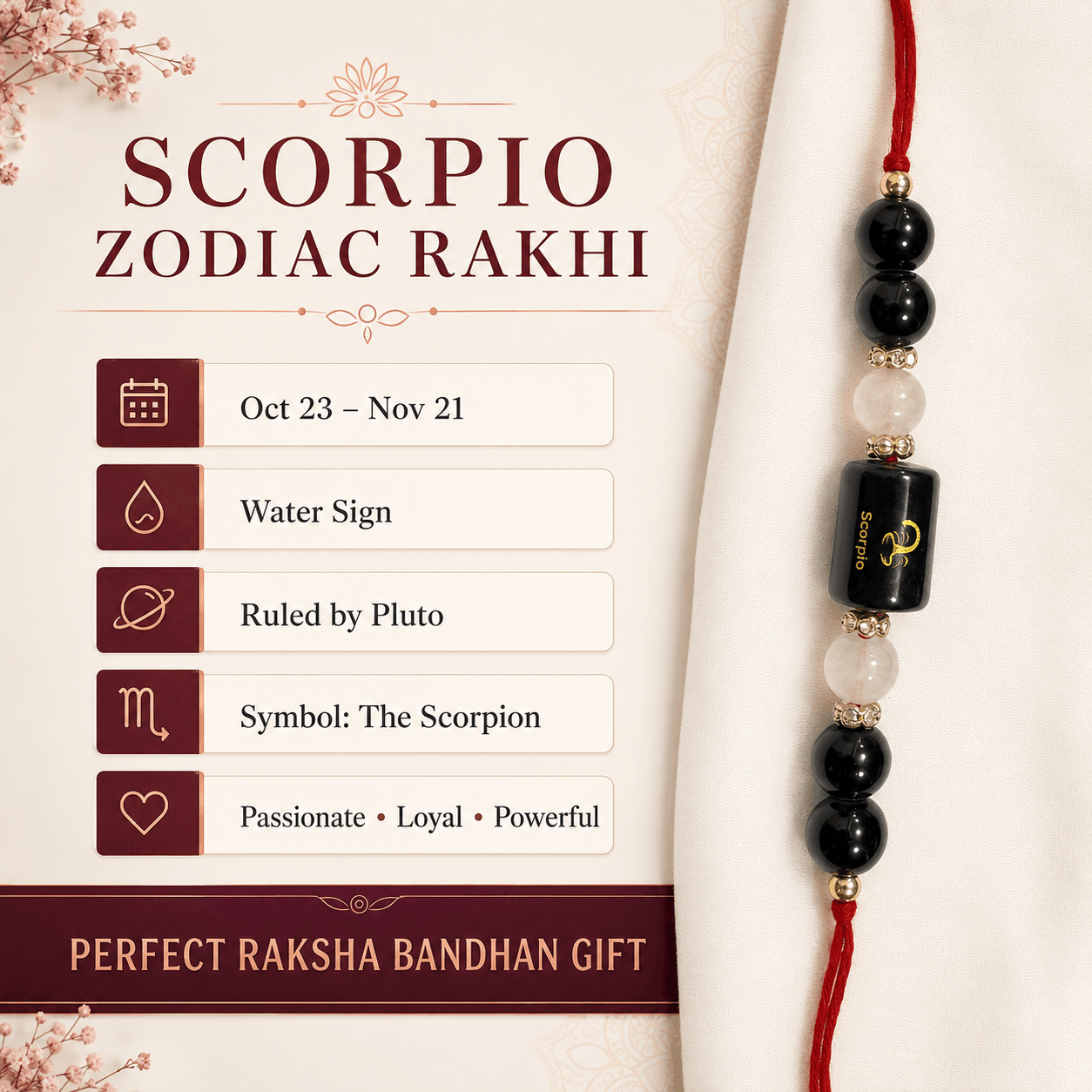 Scorpio Zodiac Rakhi with Black Onyx and Rose Quartz