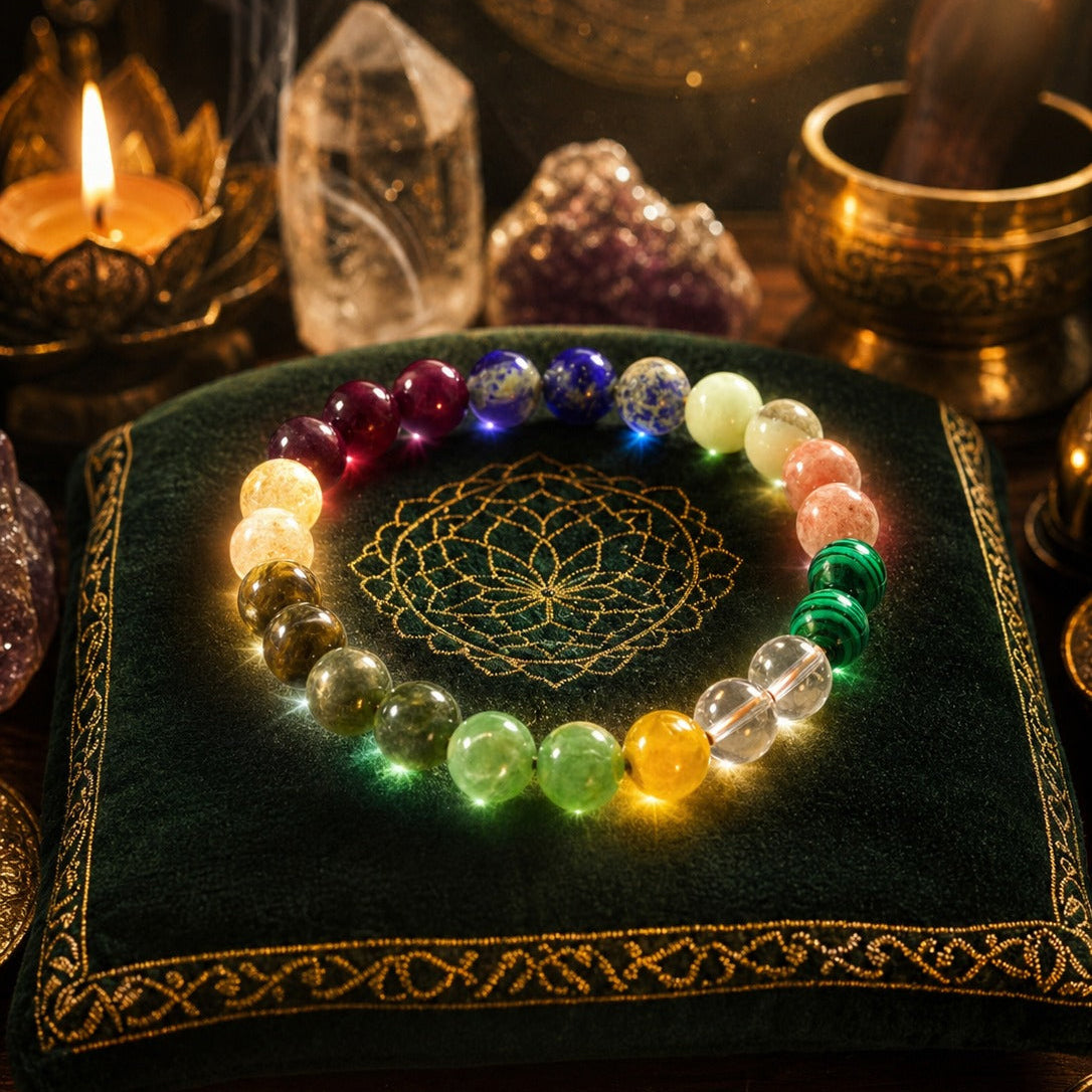 Colorful crystal bracelet on a green cushion with mystical background