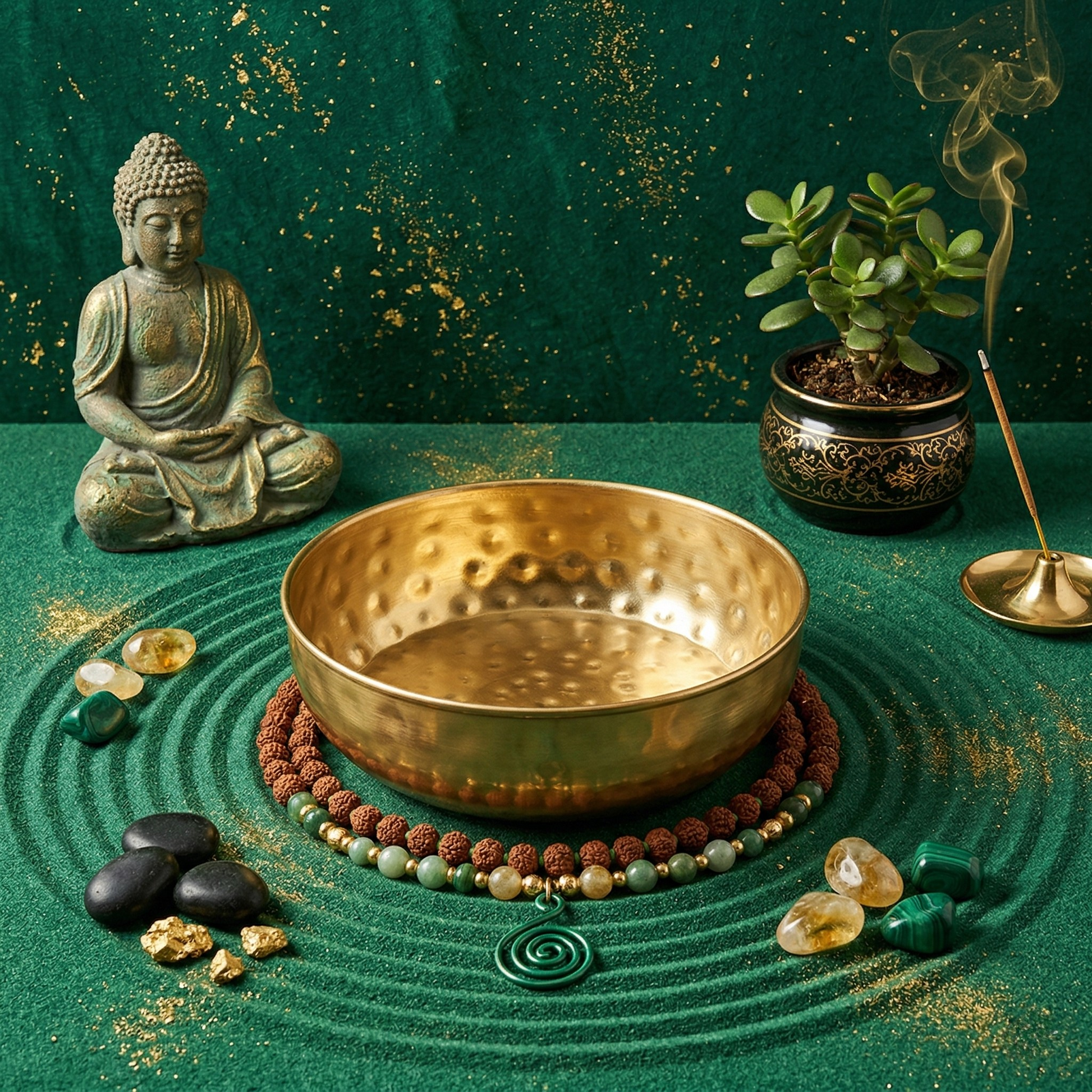 Decorative setup with a gold bowl, Buddha statue, incense, and stones on a green surface.