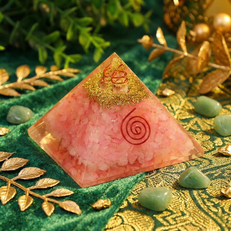 Pink crystal pyramid with a spiral design on a green and gold textured surface with leaves.